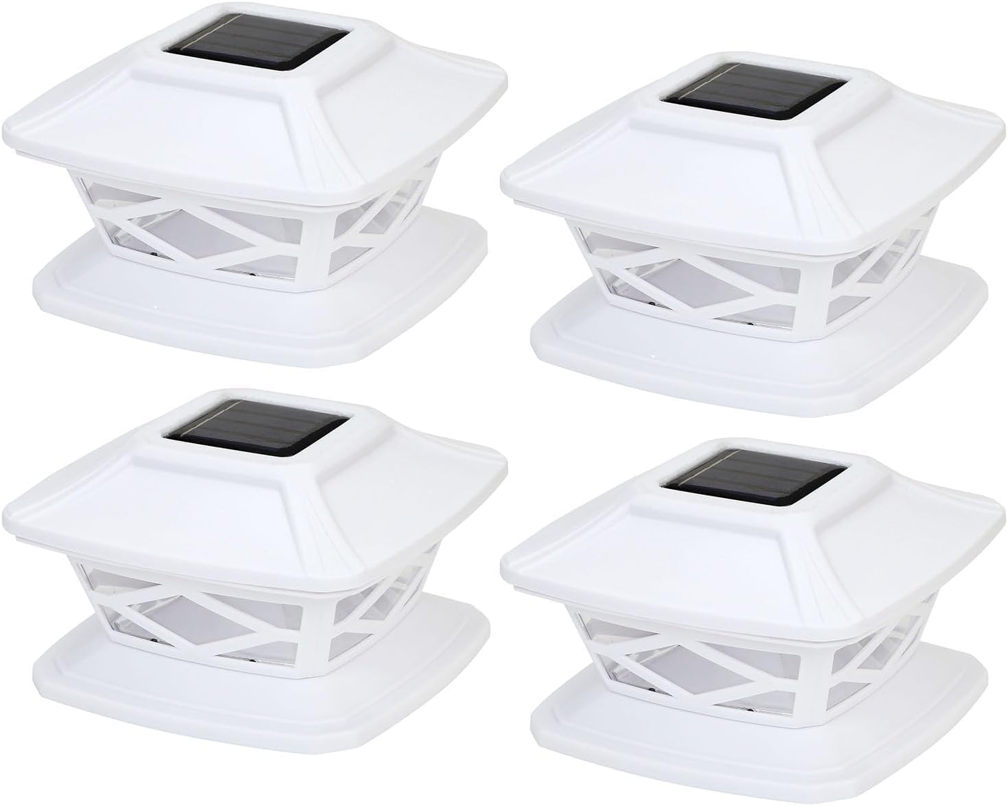 Greenfields White Pack Of 4 Solar Led Post Lights - Outdoor Garden Ip65 Waterproof Square Landscape Post Cap - Solar Powered Lamp For Patio Fence Deck Fits 4X4, 5X5, 6X6 Inch Wooden Posts
