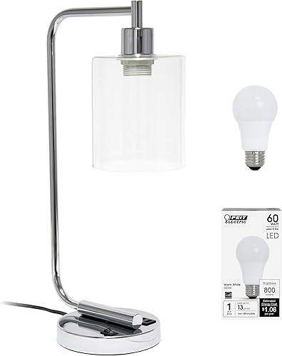 Simple Designs LD1066-CHR-LB - Lámpara de mesa de escritorio industrial vintage Bronson con puerto USB y pantalla cilíndrica de vidrio para oficina,