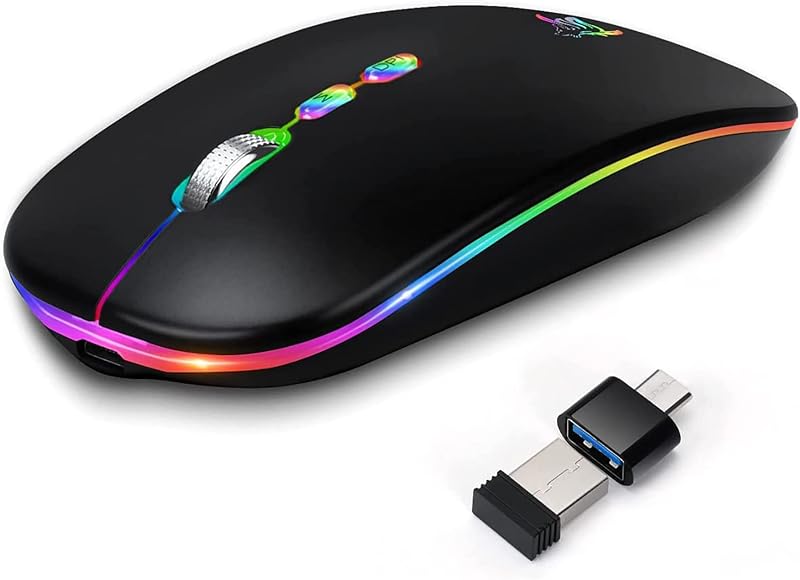 Ratón inalámbrico HOTLIFE, LED delgado Ratón Bluetooth silencioso recargable, negro | USB óptico 2.4G Ratones inalámbricos Bluetooth de dos modos con receptor USB y adaptador tipo C, LED, inalámbrico,DPI AJUSTABLE