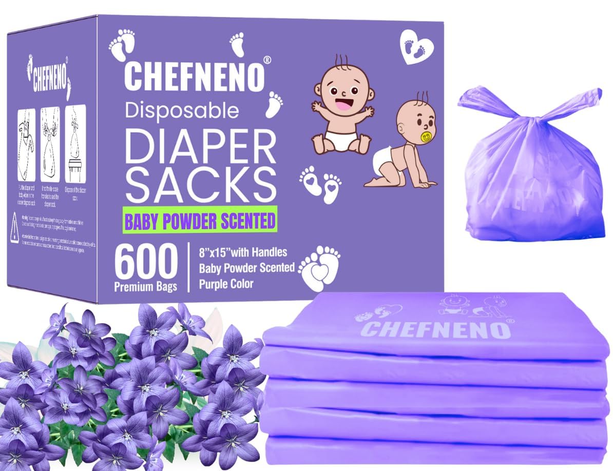 Baby Disposable Diaper Sacks (600 ct.) Fresh Baby Powder Scented, Easy-To-Tie Tabs, Diaper Disposal Bulk Diaper Sacks Dog Poop Bags Cat Litter Waste Bags Sanitary Pads Disposal Bags (600 Bags, Purple)
