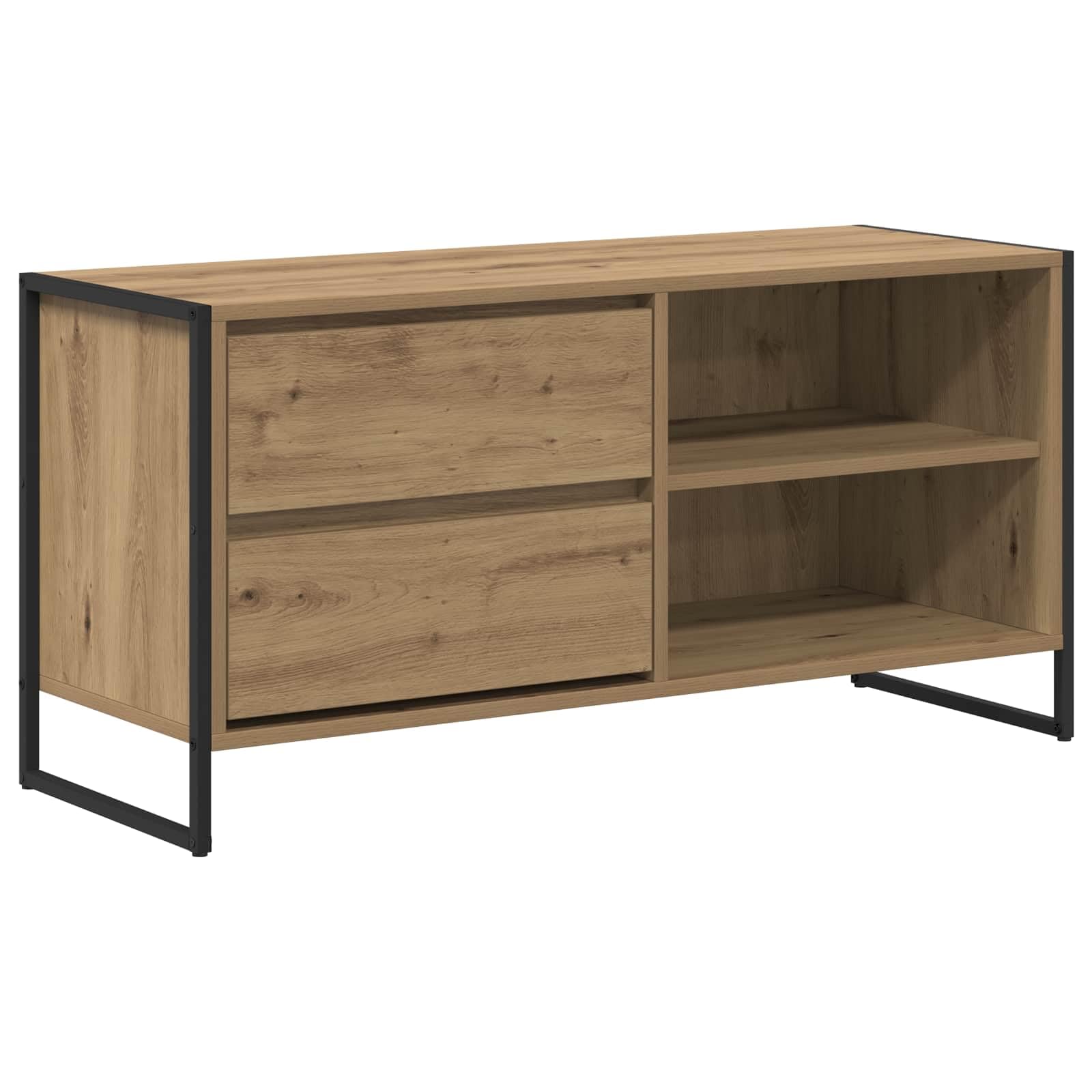 39-Inch Industrial TV Stand with Drawer and Steel Legs, Oak | Crafted from engineered wood, this low profile media center offers open and closed storage for living room entertainment.