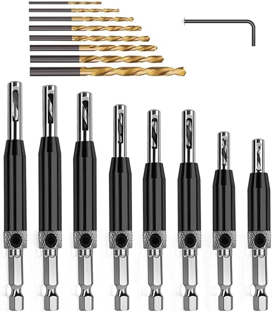 KAHEIGN 17Pcs Hinge Drill Bit Set, HSS Self Centering Drill Bits Hinge Tapper Core Hole Puncher for Woodworking Door Window Cabinet Drawer (5/64'' - 1/4'')