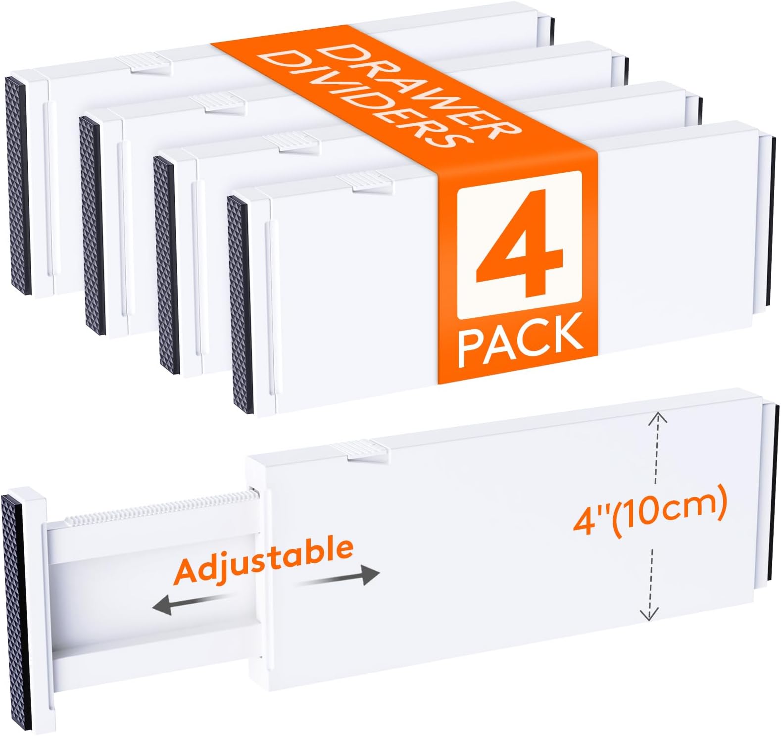 4 Pack 4" High Drawer Dividers 28 -43.5cm/11-17" Adjustable Kitchen Drawer Organiser, Expandable Drawer Dividers Separator for Clothes in Bedroom/Bathroom/Office Organisation & Storage White