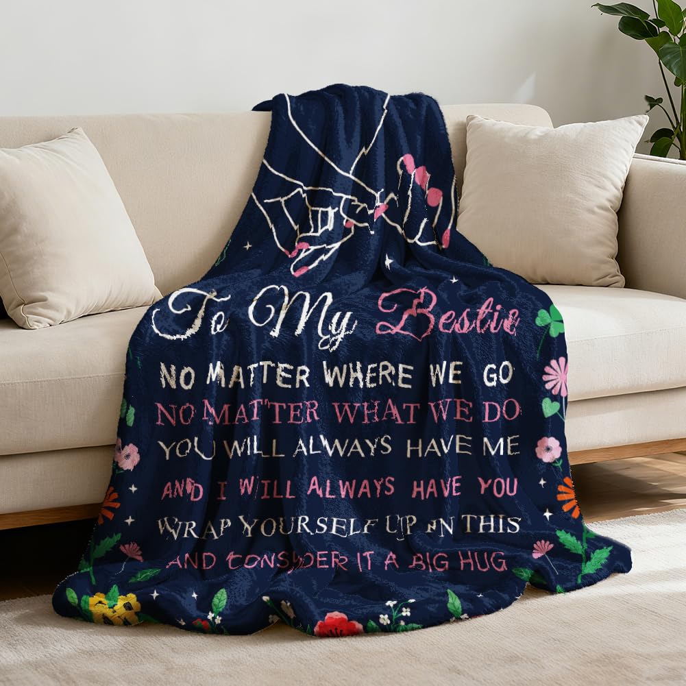 GLOBLELAND Best Friends Text Throw Blanket Flowers Pattern Blue 59x51 inch