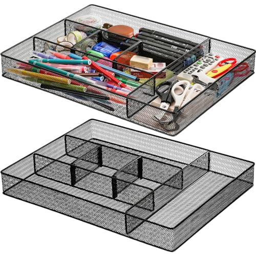 Image of Hiceeden 2 Pack Mesh Desk Drawer Organizer, 16.1 inchx12.2 inchx2 inch Large Desk Organizer Tray with 2 Removable Dividers, 6 Compartment Metal Organizers for Home, Office, Makeup & Vanity