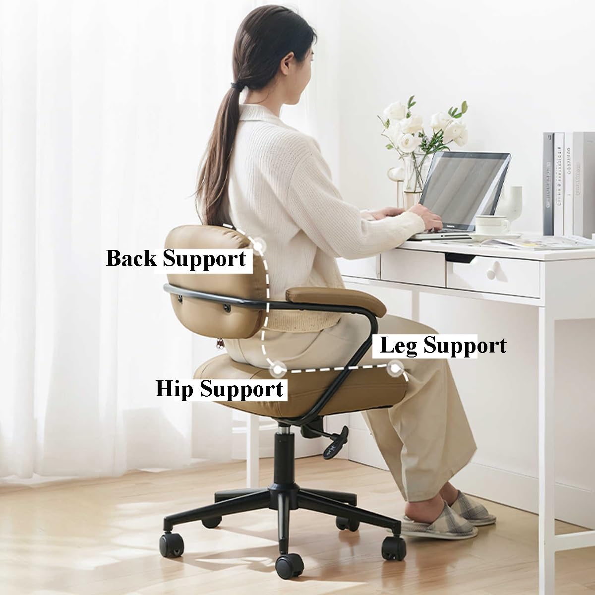 Ergonomiczne krzesło biurowe z podparciem lędźwiowym, skórzanym krzesłem obrotowym i regulowaną wysokością do domu i biura