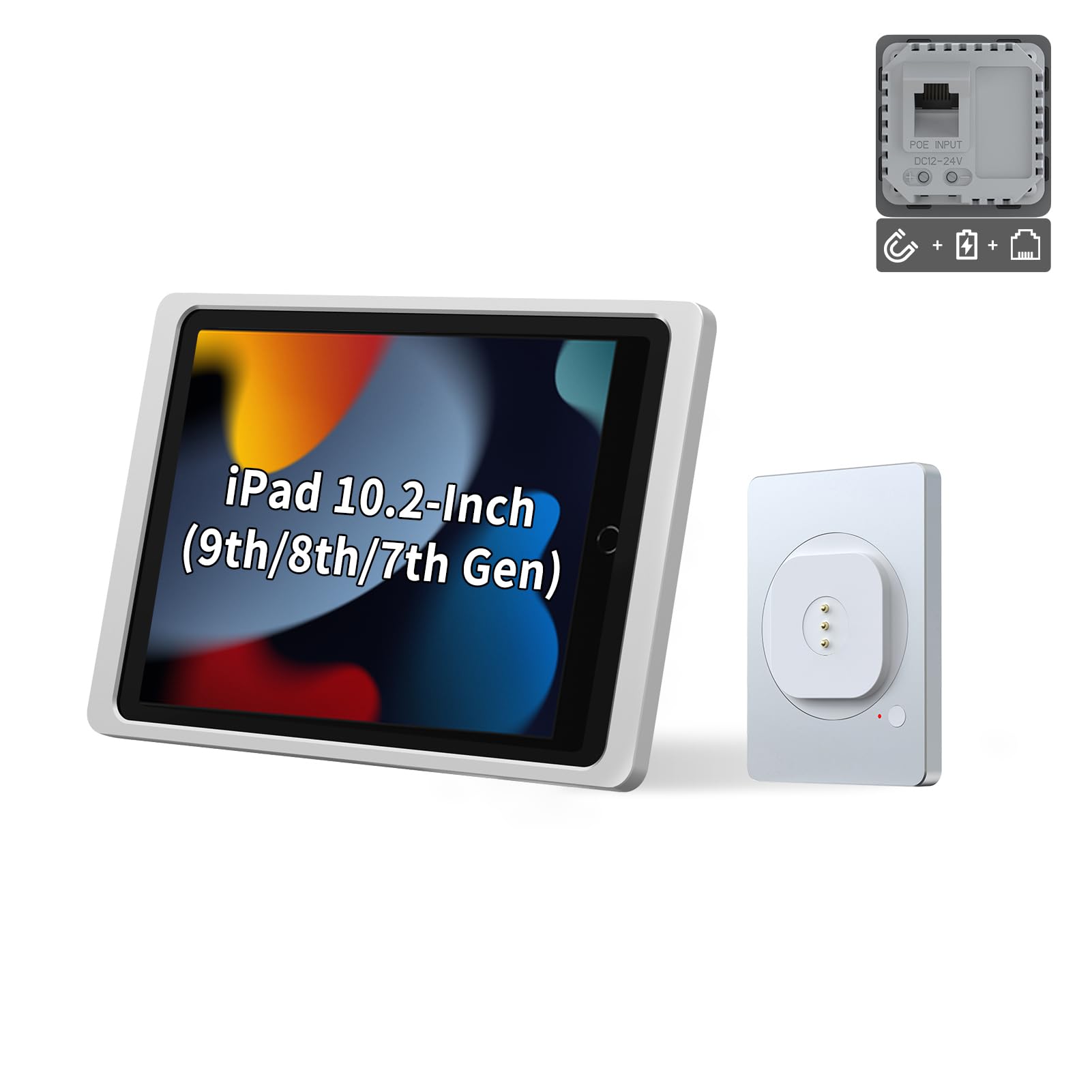 Magnetic Wall Mount with Charging Case A7 for iPad (9th / 8th / 7th Generation) 10.2-Inch. PoE and DC up to 18W Quick Charge, Strong Magnets, 360 Rotation
