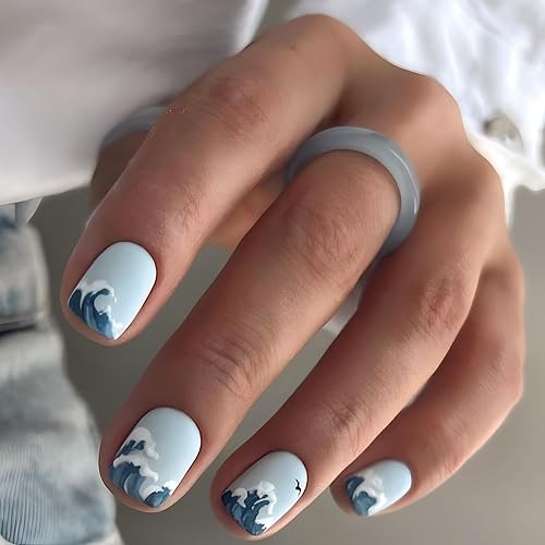 Uñas postizas cuadradas cortas a presión, uñas postizas de verano, diseño de olas marinas y océano, uñas acrílicas, uñas adhesivas azules