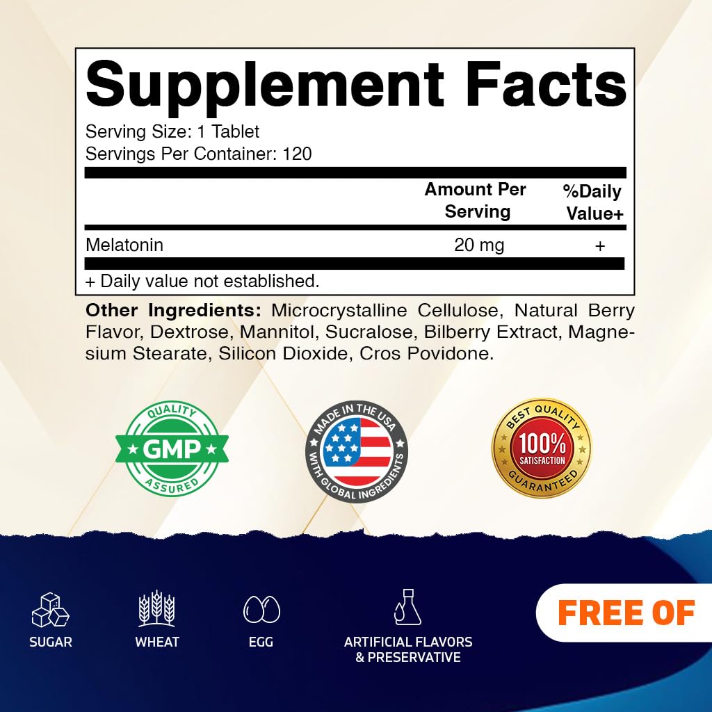 Vitamatic Melatonin 20 mg Fast Dissolve Tablets, 120 Count, Made in USA — Amazon image 2