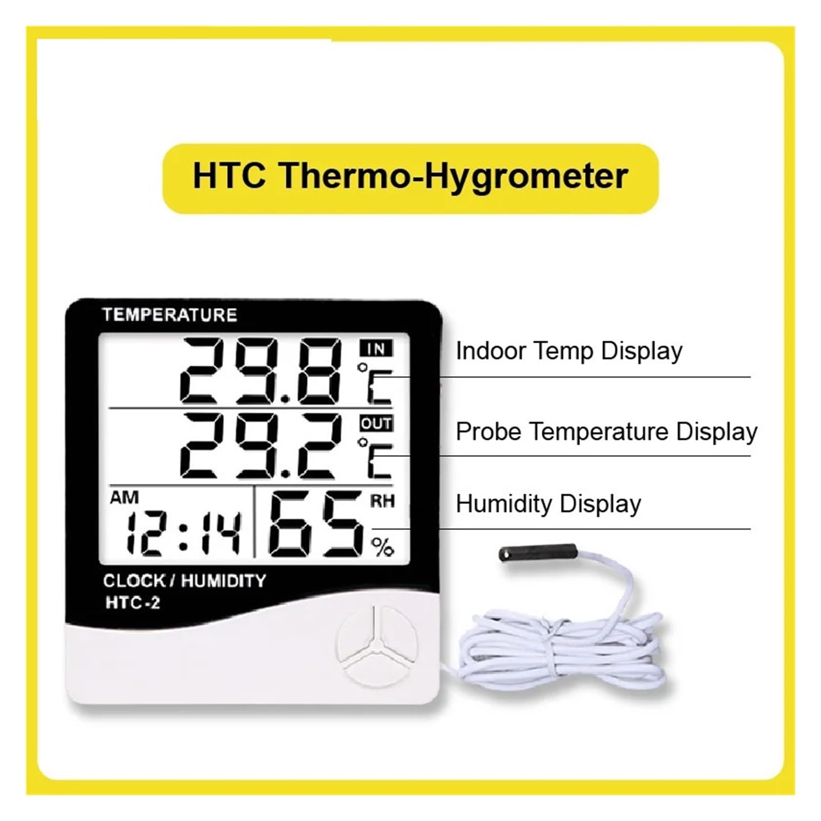 HTC Termohigrómetro Termómetro Digital Higrómetro Reloj LCD Temperatura Interior Exterior Medidor de Humedad(HTC-1-Plus)