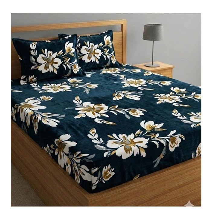 Image of Warm Flannel (Flano) King Size 330 TC Winter Fitted Bedsheet | All Side Elastic Premium Winter Soft Velvet Furnishing Bed Sheet with 2 Big Pillow Cover Size - 72 x 78 X 8 Inches Green