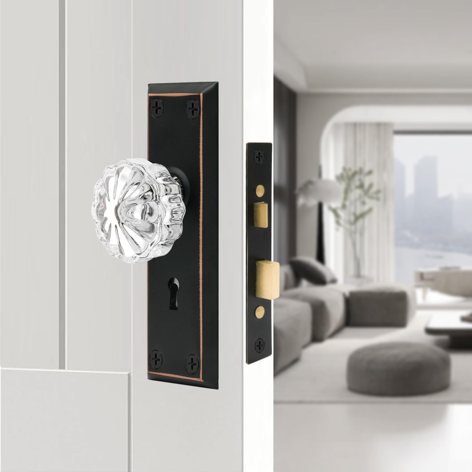 tsoeoret Mortise Lock Set with Crystal Glass Door Knobs for Interior Door Mortise Keyed Lock Replacement for Old Broken Door Knobs (Antique Black Bronze)