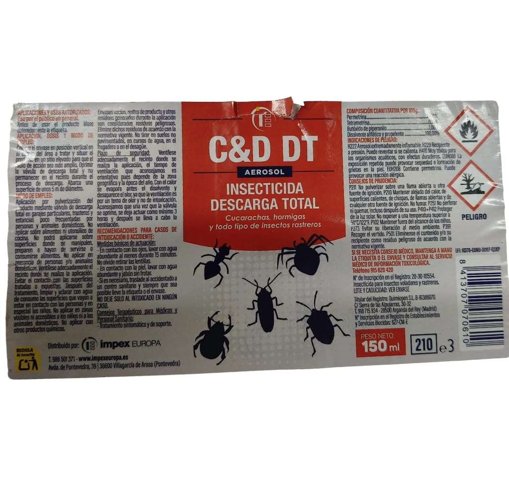 PACK 6 UNIDADES Insecticida DESCARGA TOTAL 150ml - Impex. Eficaz contra insectos voladores y rastreros. Ideal para lugares de dificil acceso. Listo para usar.
