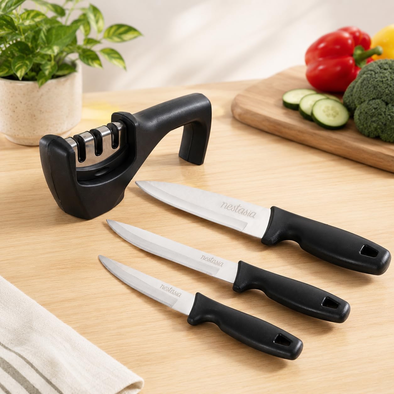 Nestasia Stainless Steel Kitchen Knife Set of 3 with 3-Stage Knife Sharpener | 10-Inch, 9-Inch & 8-Inch Vegetable Knives with Non-Slip Handle & Multi-Purpose Blade Sharpening Tool for Home Cooking-image-29