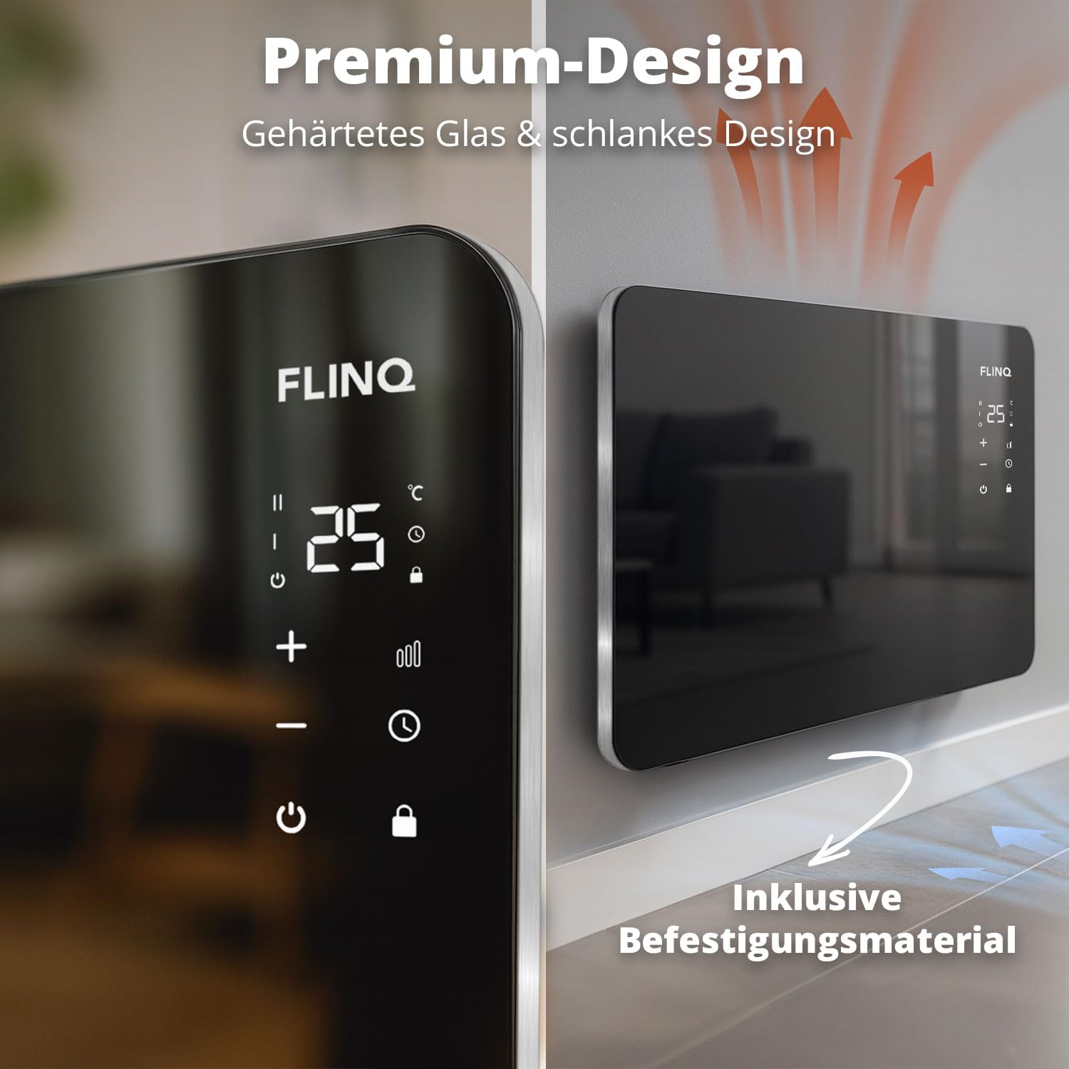 FlinQ Smart Konvektor Heizung 2000W - 96 x 46 x 13 cm - Schwarz | Glaskonvektor Mit App Steuerbar - Beheizt bis zu 60m3 - Mobile Heizung Elektrisch