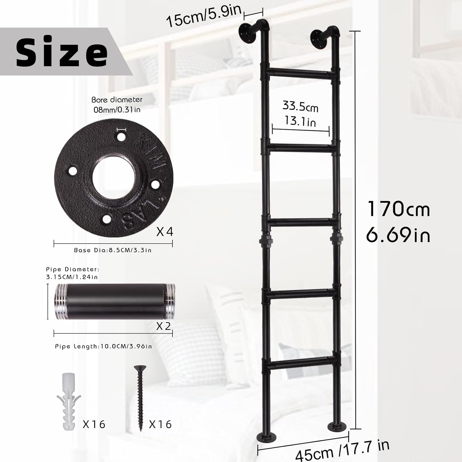 5.6FT/170cm Bunk Bed Ladder, Wall to Floor-Mounted Basement Window Well Egress Ladder, Wrought Iron Loads 330lbs, Indoor Outdoor 5-Rung, for Home Library Attic Loft Dorm Deck