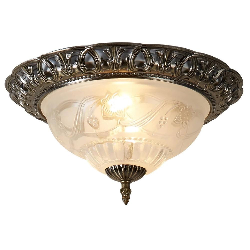 Britalia Flush Ceiling Light, Bedroom, 33cm, Antique Brass, Glass, Traditional Vintage, 330mm Diameter x 170mm Height, Indoor Use