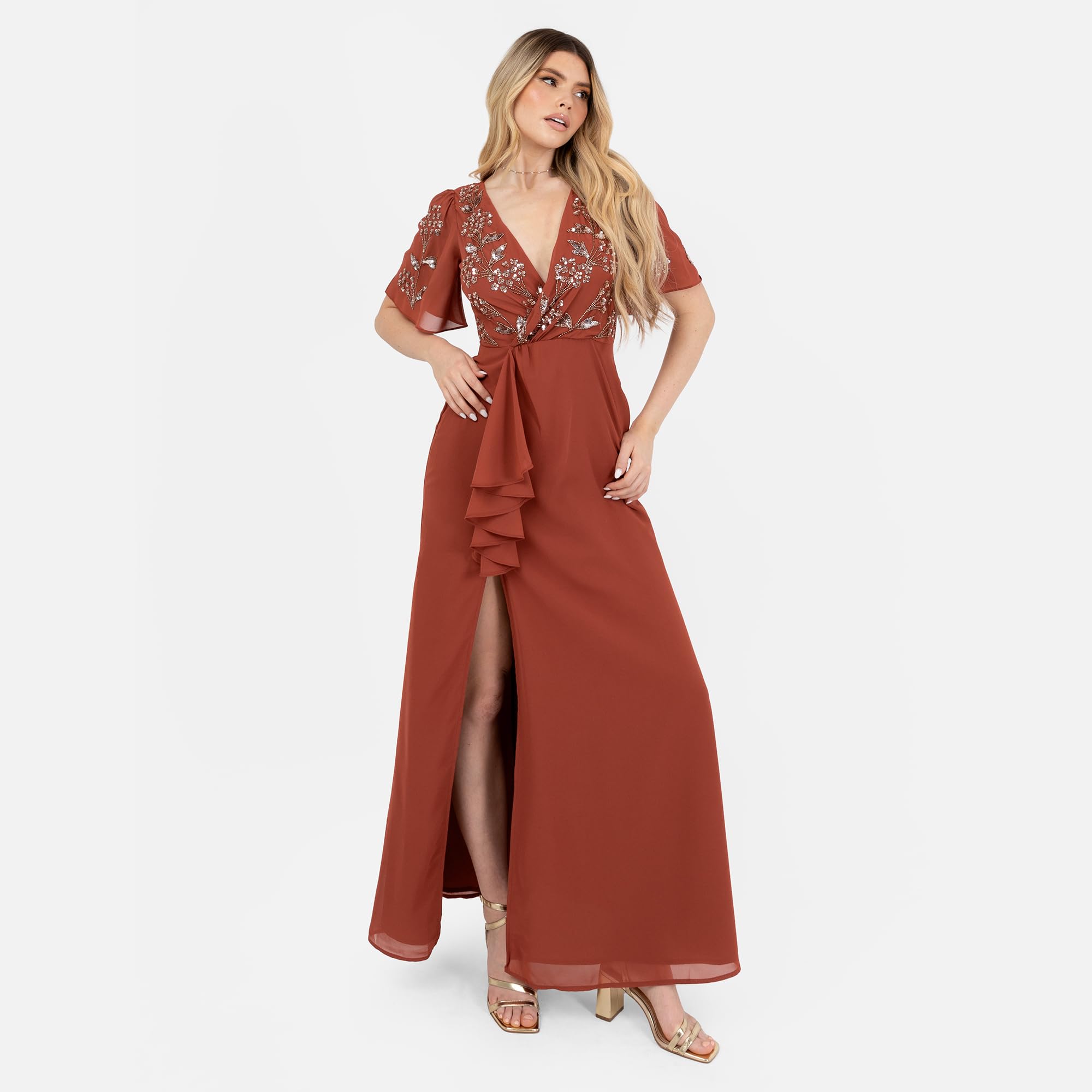 Maya Deluxe Women's Maxi Dress Ladies V-Neck Short Angel Sleeve Lentejuelas Embellished Ruffles Side Split A-Line Evening Ball Gown Mujer
