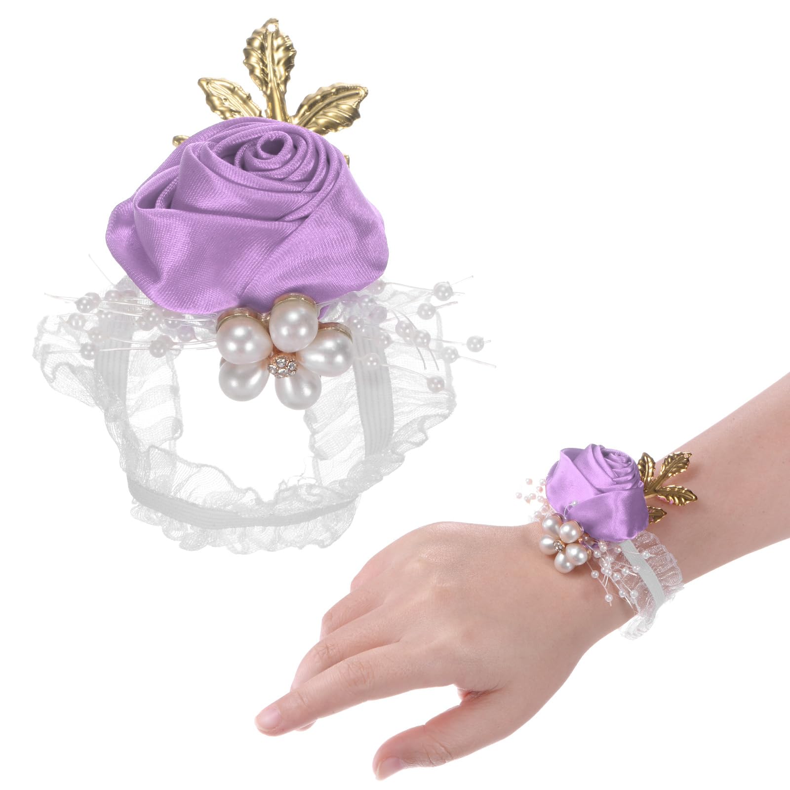 M METERXITY 1-Pack Wrist Corsage Bracelets, Artificial Flower Corsage Wristlets for Wedding/Prom/Party, Wrist Corsages Band Decoration Hand Flower [Light Purple]