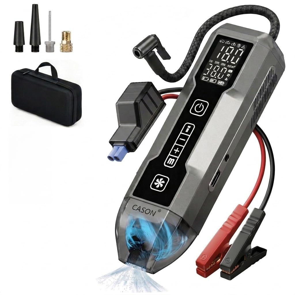 Cason 5 in 1 Portable Tyre Inflator for Car,Bike with Jump Starter for Car Battery,Vaccum Cleaner &LED Light| 8000 mAH Battery Jump Starter Kit with Type C Charging-image-26
