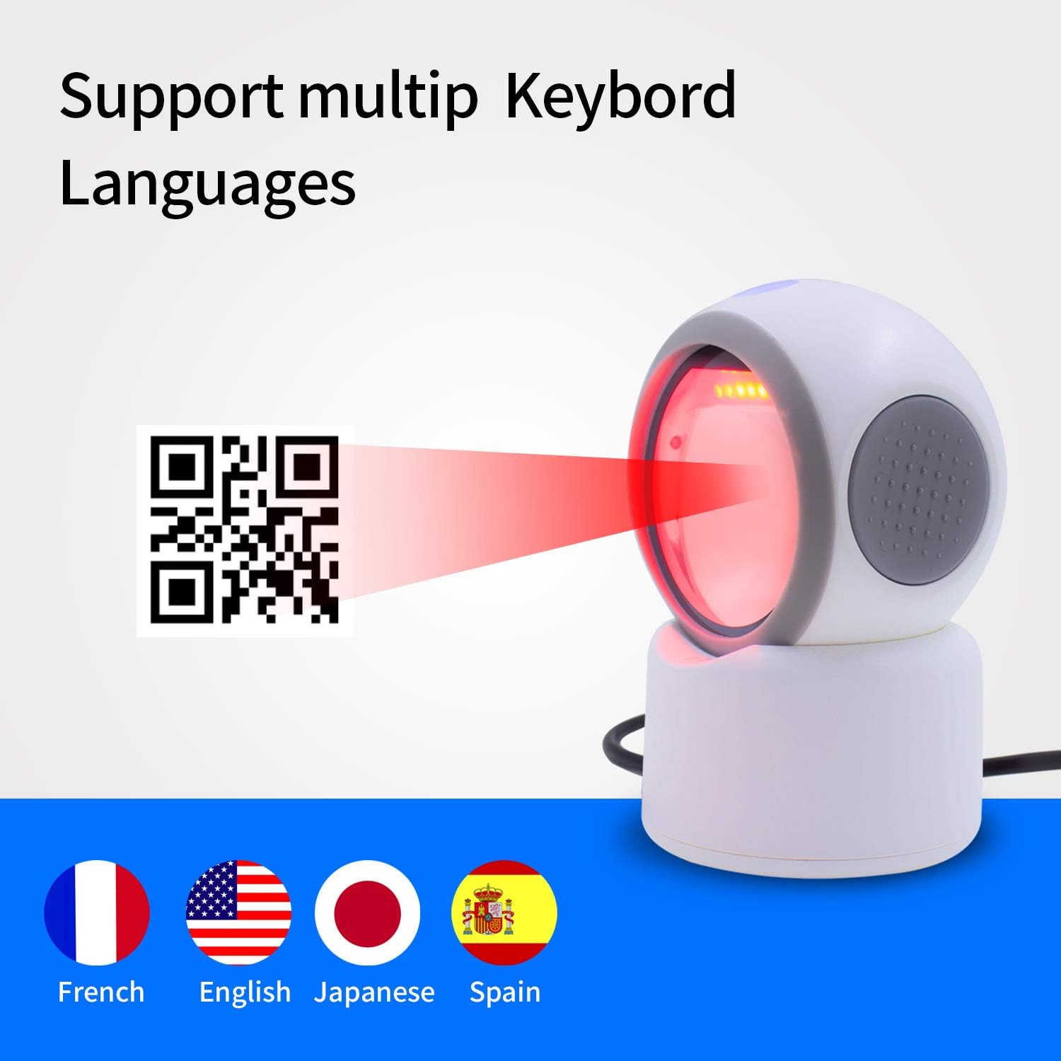 Image illustrating the Symcode barcode scanner's plug-and-play compatibility with PC, laptops, iPads, and phones, supporting Windows, Mac OS, Android, and Linux.