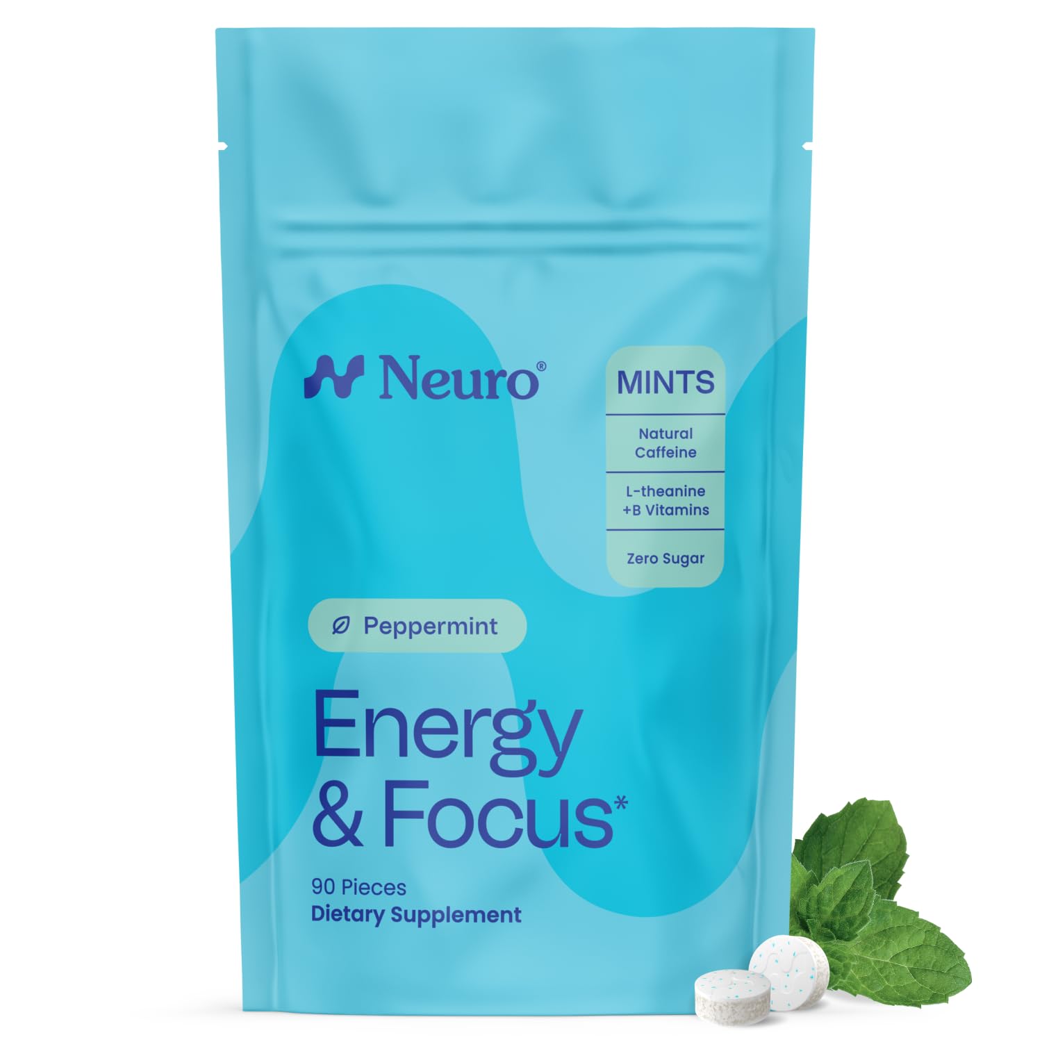 Neuro Energy & Focus Mints - Sugar Free Breath Mints with 40mg Natural Caffeine, B Vitamins & L-Theanine - Vegan Brain Supplement for Exercise, Study & Daily Focus - Peppermint, 90 ct