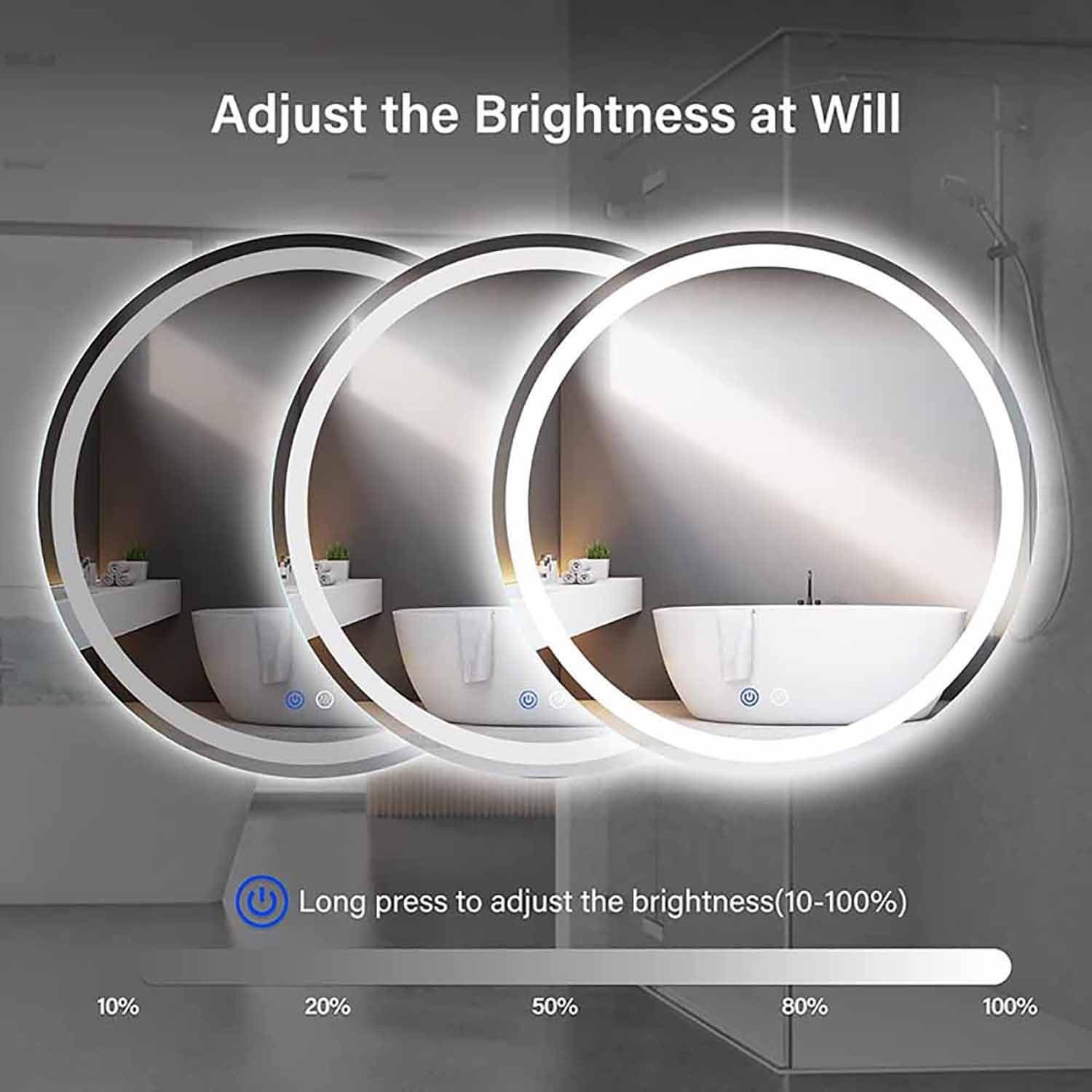 Okrągłe bezramowe lustro ścienne LED do łazienki, 100 cm, przeciwmgielne, podświetlane, z przyciskiem dotykowym, 3 kolory, jasność, regulowana, nietłukące się, podświetlane, 100 cm