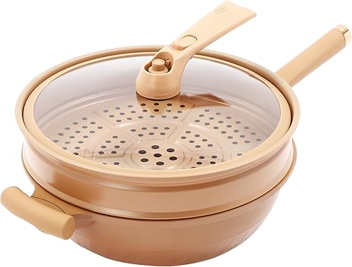 Miniatura 8 de Sartén antiadherente de 12.6 pulgadas de profundidad con tapa de vidrio, rejilla al vapor, olla de micro presión apta para lavavajillas, funciona