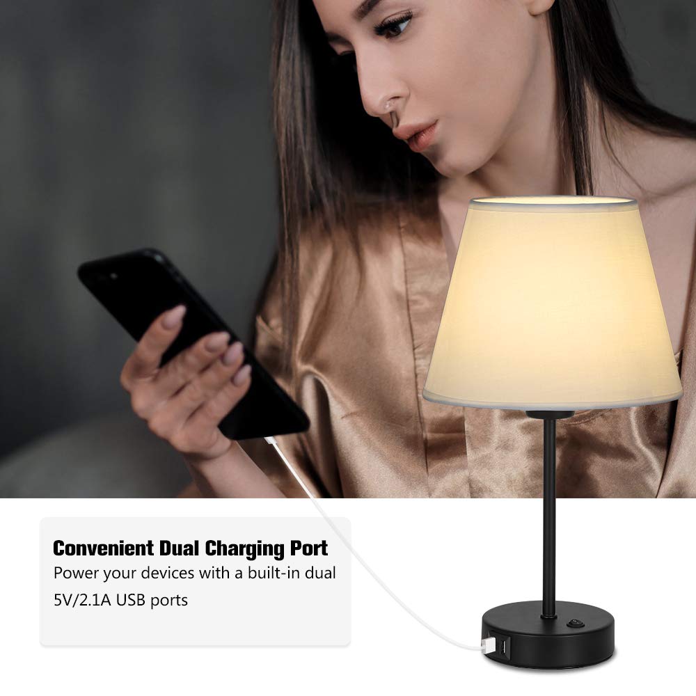 Lámpara de mesita de noche, lámpara de mesa con doble puerto USB de carga rápida, lámpara de noche de 2 piezas con pantalla minimalista de tela blanca, lámpara de mesa perfecta para estudio, oficina