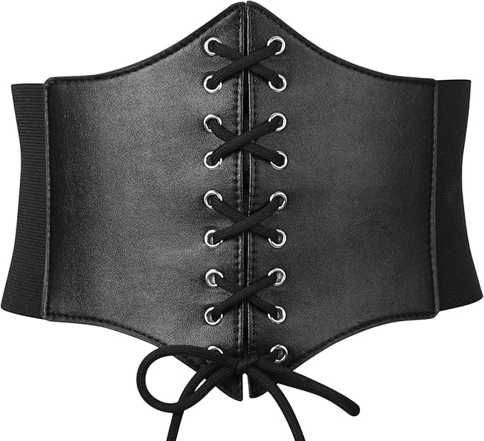 HATOFES Black Corset Belt for Women Tied Waist Belt Vintage Lace-up Stretchy Elastic Belt Retro Theme Party Wide Belt for Halloween (Fit Waist Size 33-35)