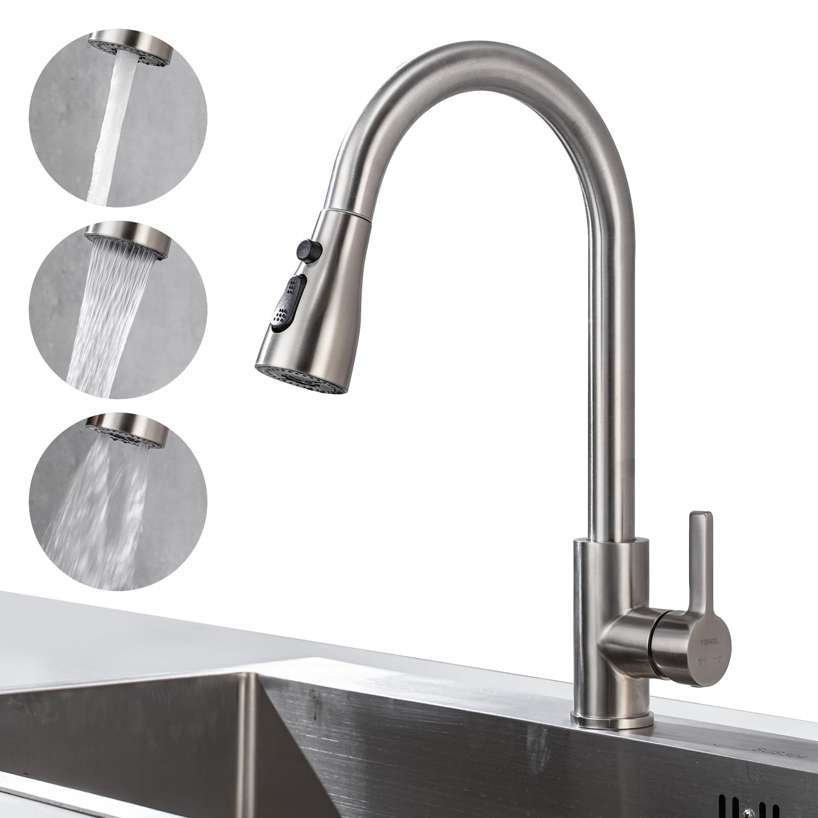 Photo 1 of Brushed Nickel Kitchen Faucet with Pull Down Sprayer - High Arc Stainless Steel Kitchen Sink Faucet with 3 New Sprayer Modes,Pull Out Kitchen Faucet, Single Hole Single Handle Sink Faucet for Kitchen