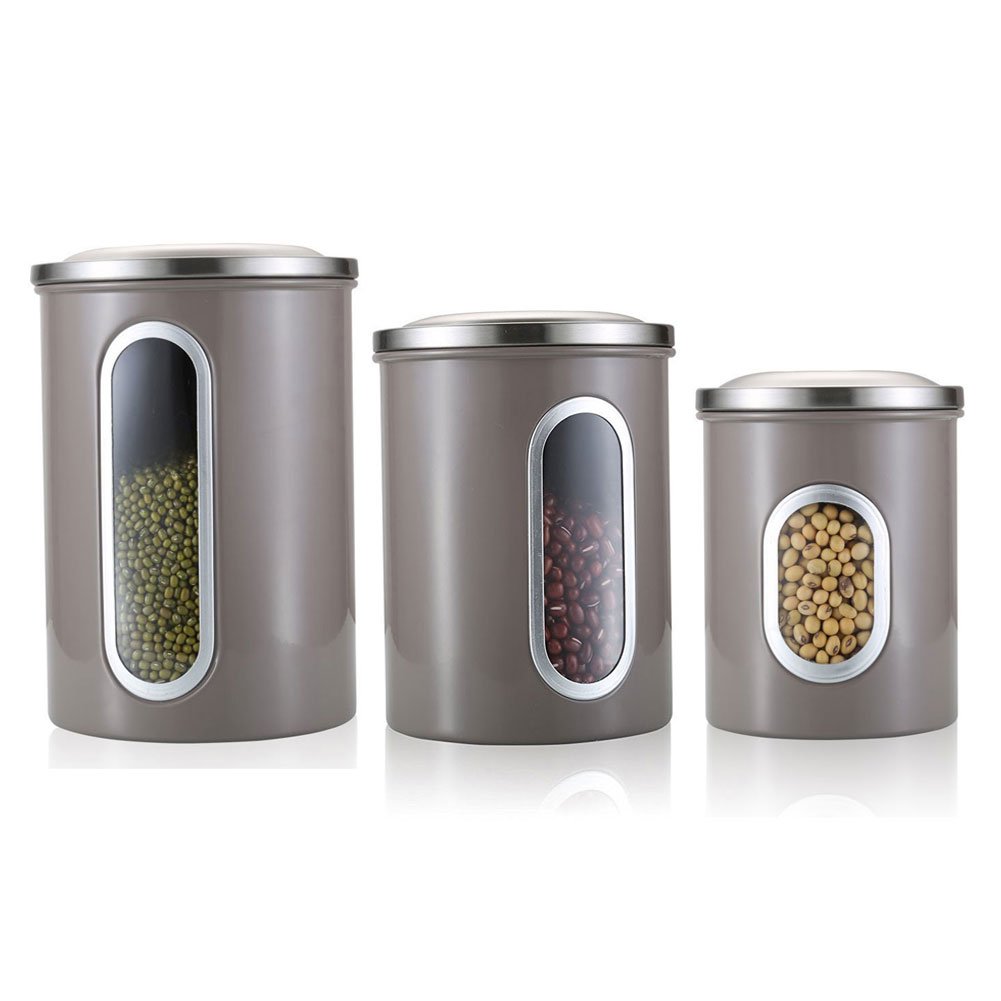 Airtight Canister Set of 3 with Stainless Steel Lids and See-Through Windows, H+LUX Nested Kitchen Canisters, Brown-Grey