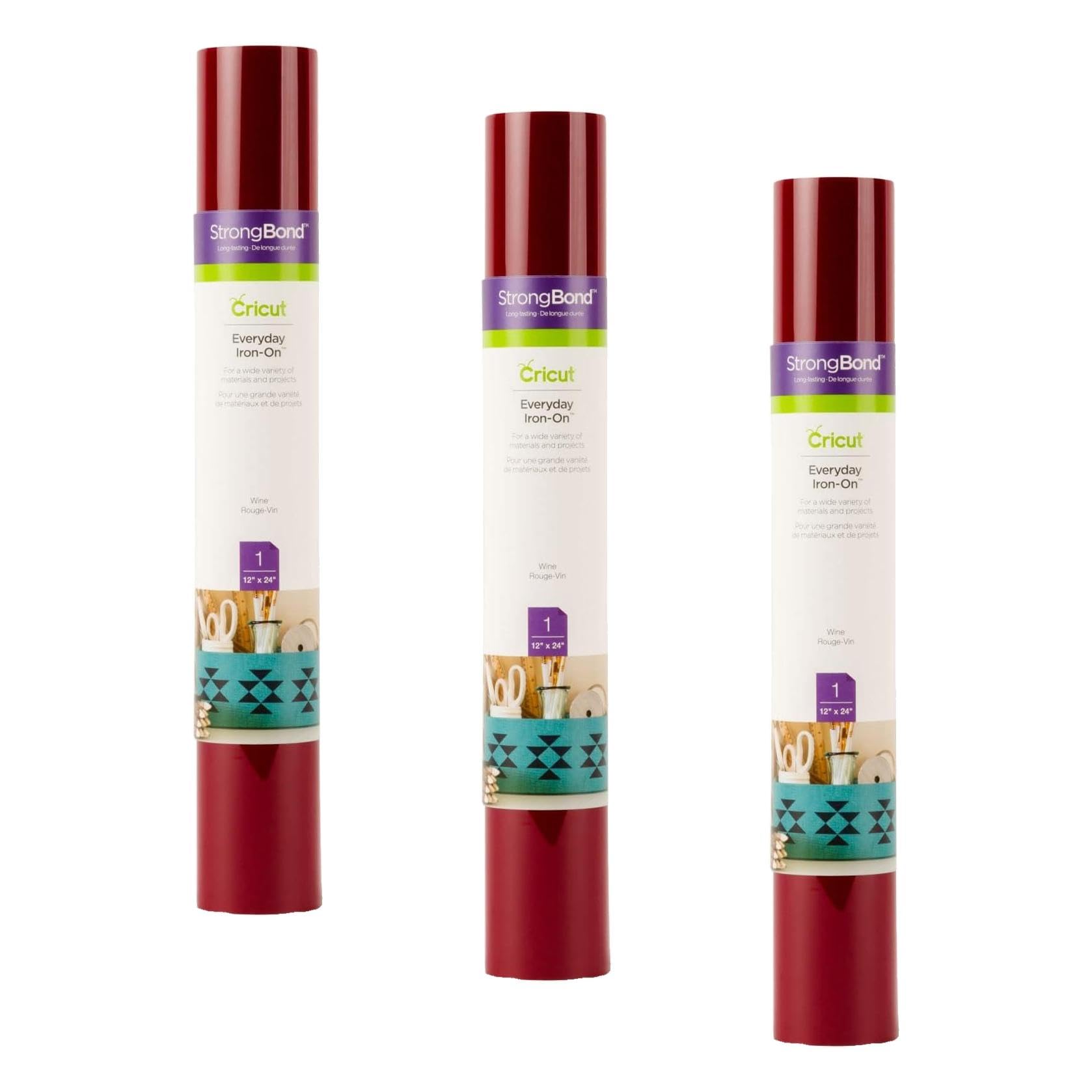 Cricut Everyday Iron On - Wine, 3-Pack of 2ft Rolls (12"x24"), 6ft Total - HTV Heat Transfer Vinyl for Shirts, Apparel, Hats &amp; More - Compatible with Maker &amp; Explore Machines