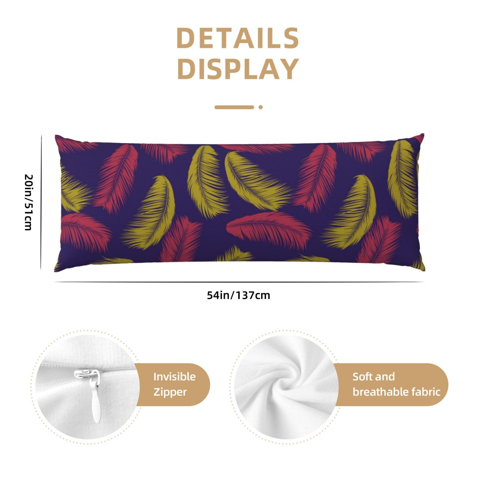 Buewutiry Red Yellow Feather Body Pillow Cover - Breathable Body Pillow Pillowcase, Super Soft Long Body Pillow Case Cover with Zipper 20x54in