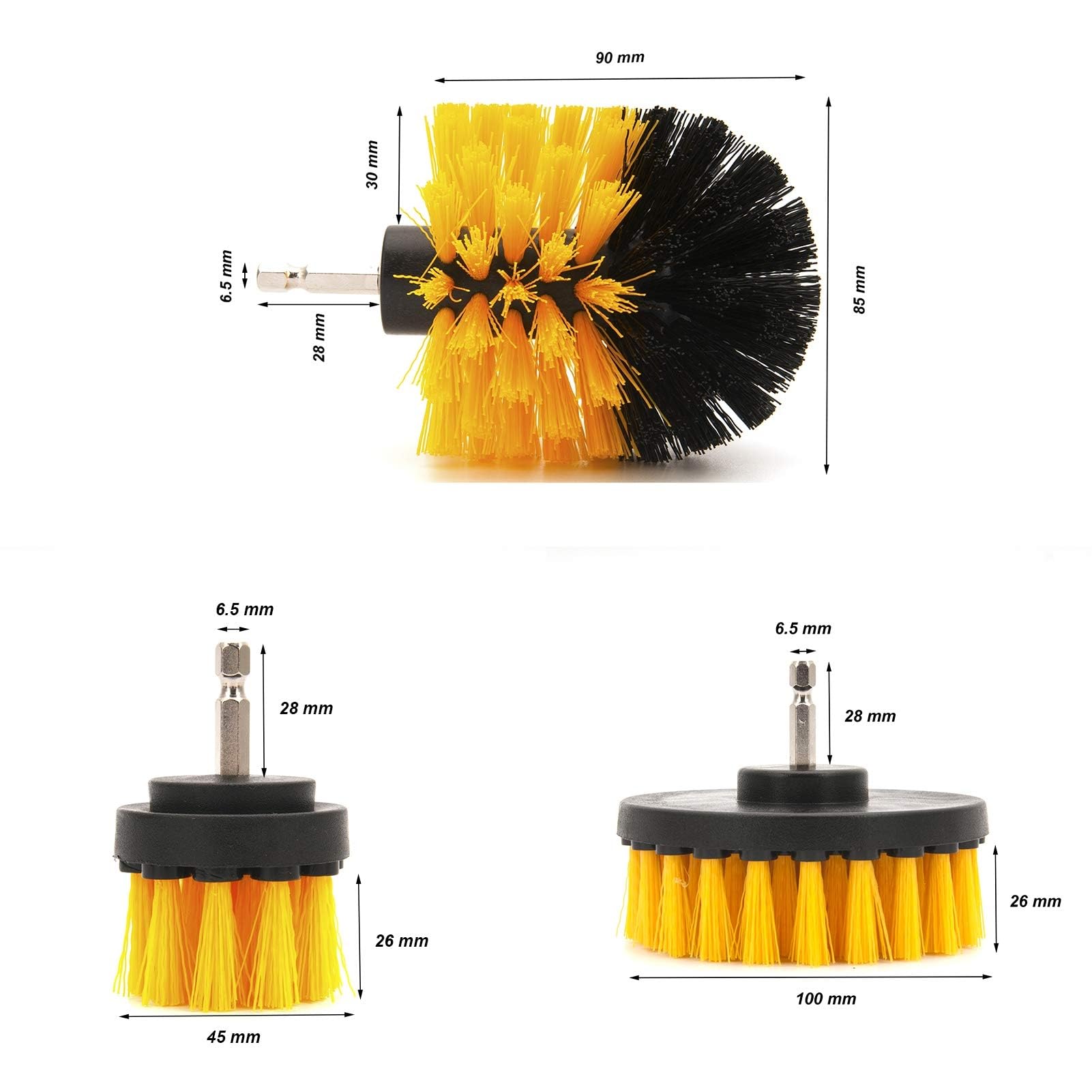 Cepillo para taladro 3 piezas, cepillos eléctricos de limpieza, para suelos limpios de hogares y empresas, ladrillos, inodoros, bañeras, lavabos, coches, etc. (Amarillo)