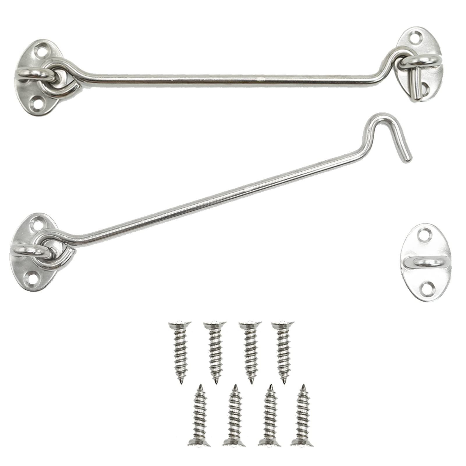SZXMDKH 2 Pcs Stainless Steel Cabin Hook and Eye Latch, Gate Lock, Barn Door Swivel Window Lock With Mounting Screws for Shed, Gate or Garage Door, 8 Inch Sliver