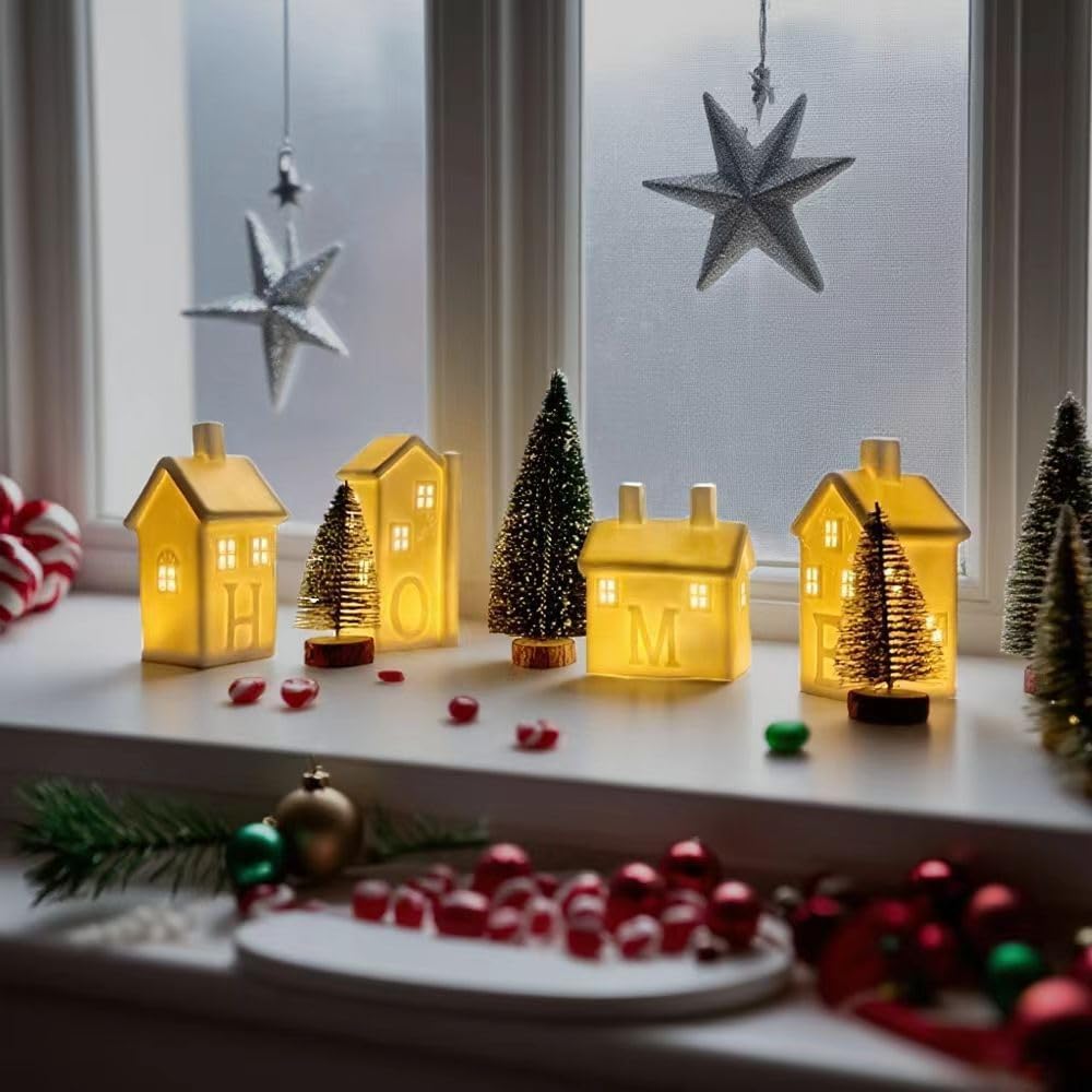 4PCS Christmas Village Set Ceramic Christmas House with LED Lights and Trees for Tabletop Christmas Ornament for Boys and Girls