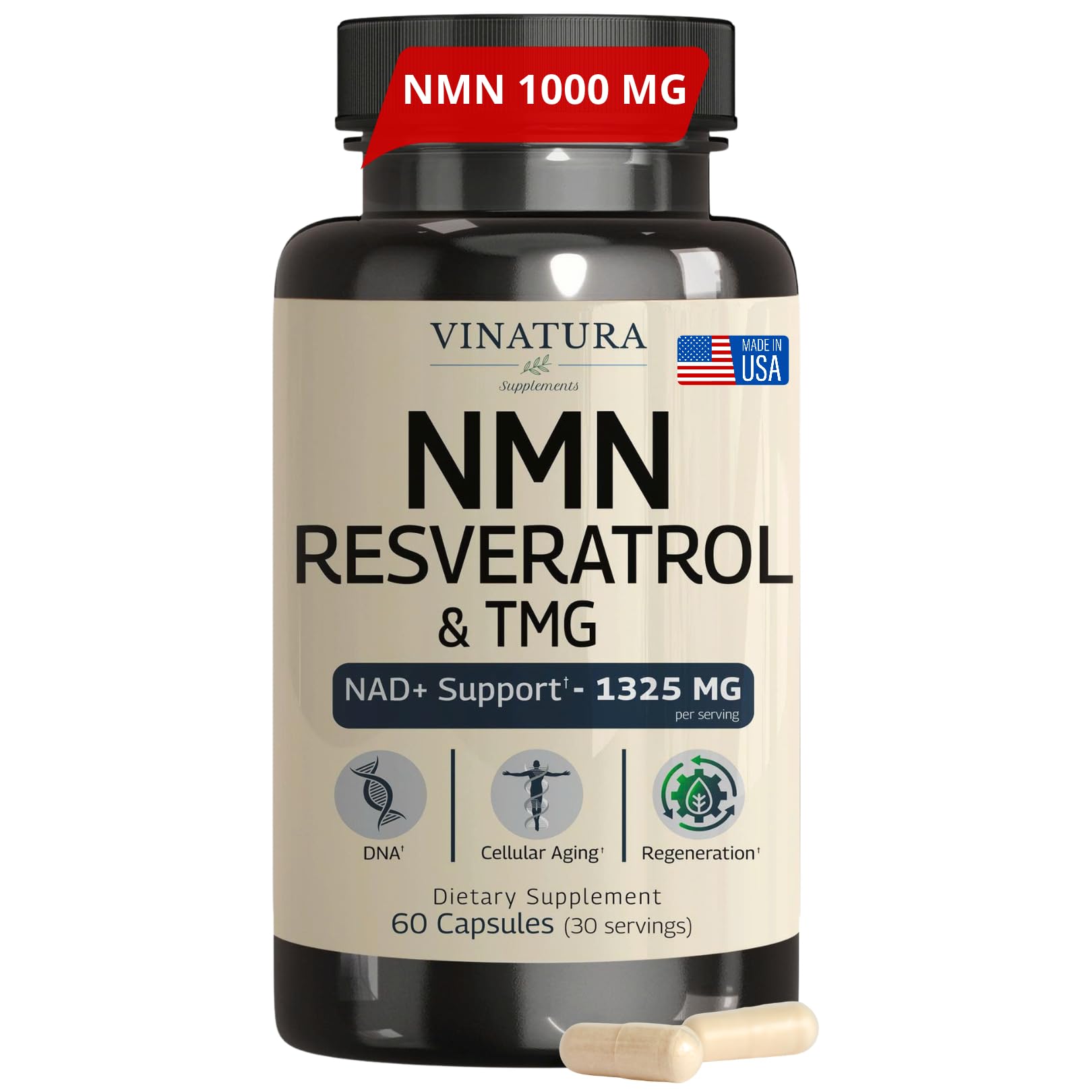 VINATURA NMN Resveratrol Supplement - NMN 1000mg with Resveratrol and TMG Complex, Support NAD+ and Cellular Energy, 60 Capsules