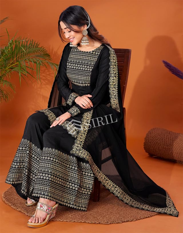 Image of SIRIL Women's Rayon Suit Set for Women | Foil Printed Kurta with Sharara & Dupatta | Straight Kurta Set