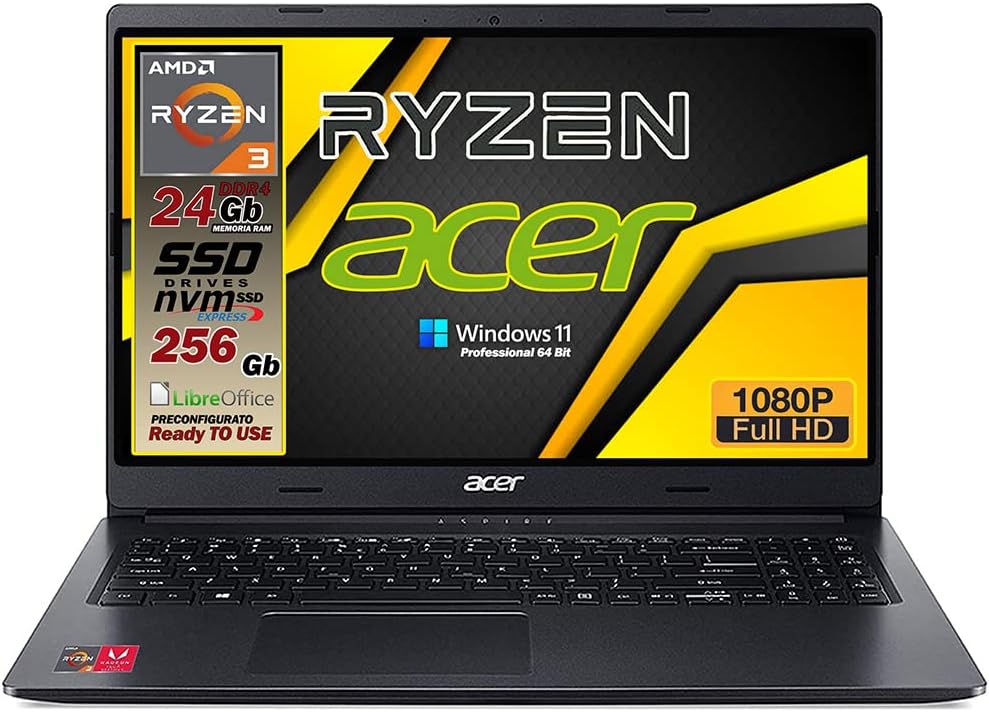Acer Notebook AMD RYZEN 3 3250u, fino a 3,5 GHz, RAM 24Gb, SSD 256GB M2 pci, display 15.6 Full HD, 3 USB, Wi-Fi, hdmi, BT, lan, Win 11 pro, Libre Office, Pronto alluso, Garanzia e layout Italia