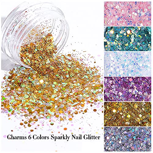 Holographic Acrylic Nail Art Supplies 6 Boxes Nail Glitter Acrylic Powder Set 3D Nail Art Flakes Decoration For Acrylic Powder Glitter Nail Art For Women Nail Art Decoration #TOP4