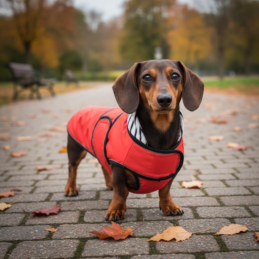 MOREZI Imperméable élégant pour Chien.imperméable/résistant à la Pluie.avec des Bandes réfléchissantes et des Bretelles réglables.Convient aux teckels-Rouge-L