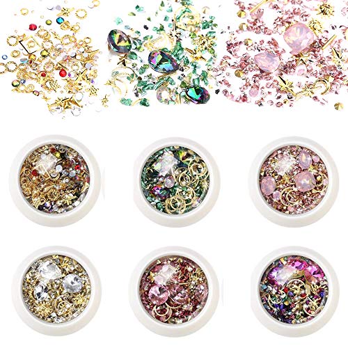 6 Boxes Mixed Nail Art Rhinestones Diamonds Crystals Beads Gems Sparkle Metal Moon Star Shaped Jewels Stones for DIY Decor Decorations Accessories