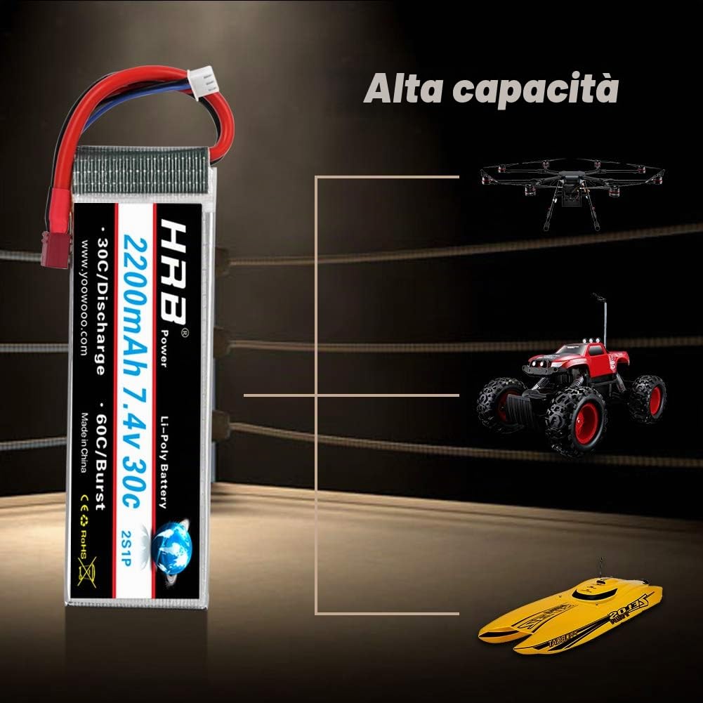 HRB 2PCS Batteria Lipo 2S 7.4V 2200mAh 30C con Deans T per RC elicottero aereo auto barca camion
