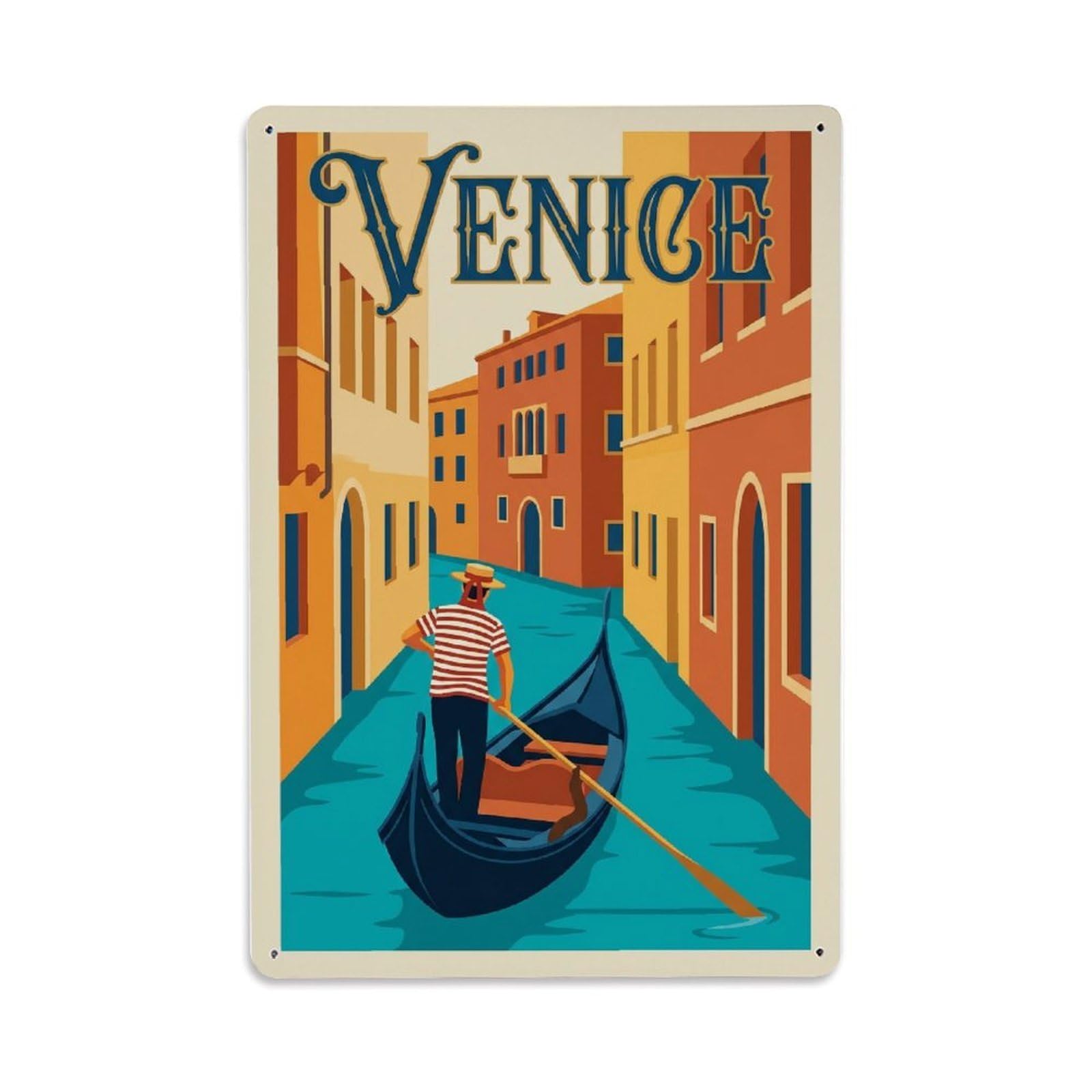 Vintage Travel Venice Gondolier Striped Shirt Canal Clean Italy Metal Tin Sign Plaque Wall Decor for Cafe, Club Bar, Office, Home Garden Metal Poster 8x12Inch