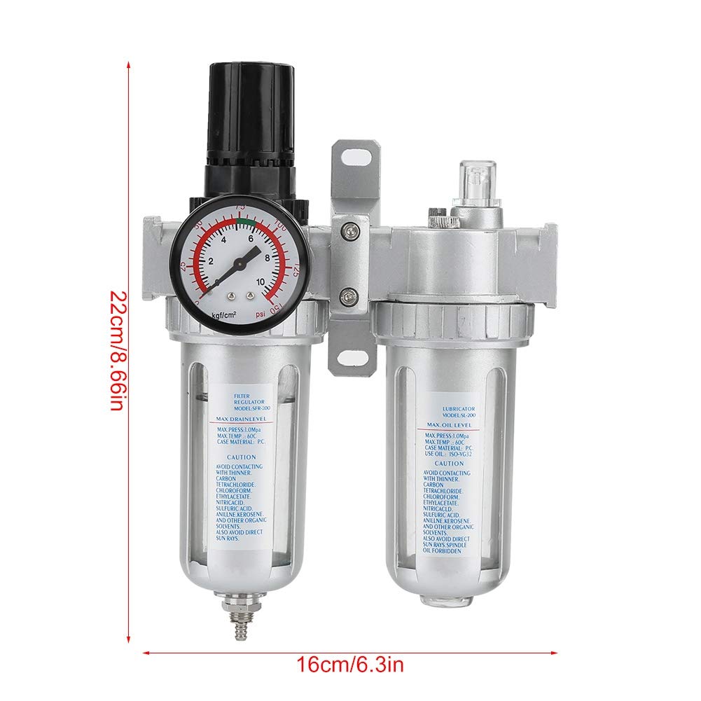 Lubrificatore Regolatore Filtro Aria Compressa NPT da 1/4 "combinato, Separatore Trappola Acqua/olio, Compressore D'aria Trappola Umidità Olio Filtro Acqua Regolatore di Pressione Strumento Lubrificat