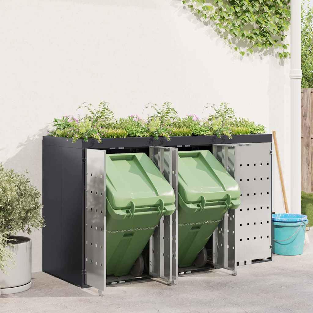 ACAGALA Copribidone per Spazzatura per 3 Bidoni 120 e 240L con Tetto a Fioriera, Antracite, Acciaio Inox, Ventilato con Scarico, 65x73x113 cm