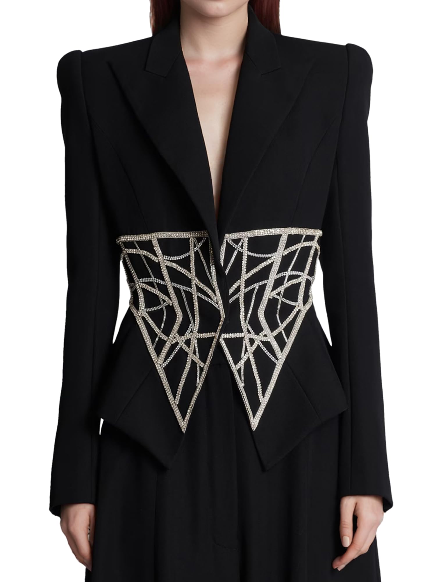 Womens Diamonds Beaded Blazer Single Button High Waist Slim Elegant Lapel Long Sleeve 2025 Jacket Coat Top