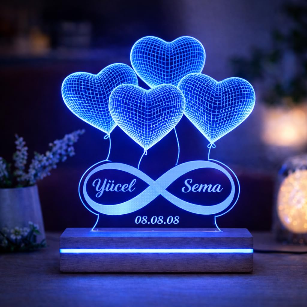 Spersonalizowana lampa LED z iluzją 3D, balony w kształcie serca z symbolem nieskończoności, drewniana podstawa, funkcja lampki nocnej, romantyczna, nowoczesna