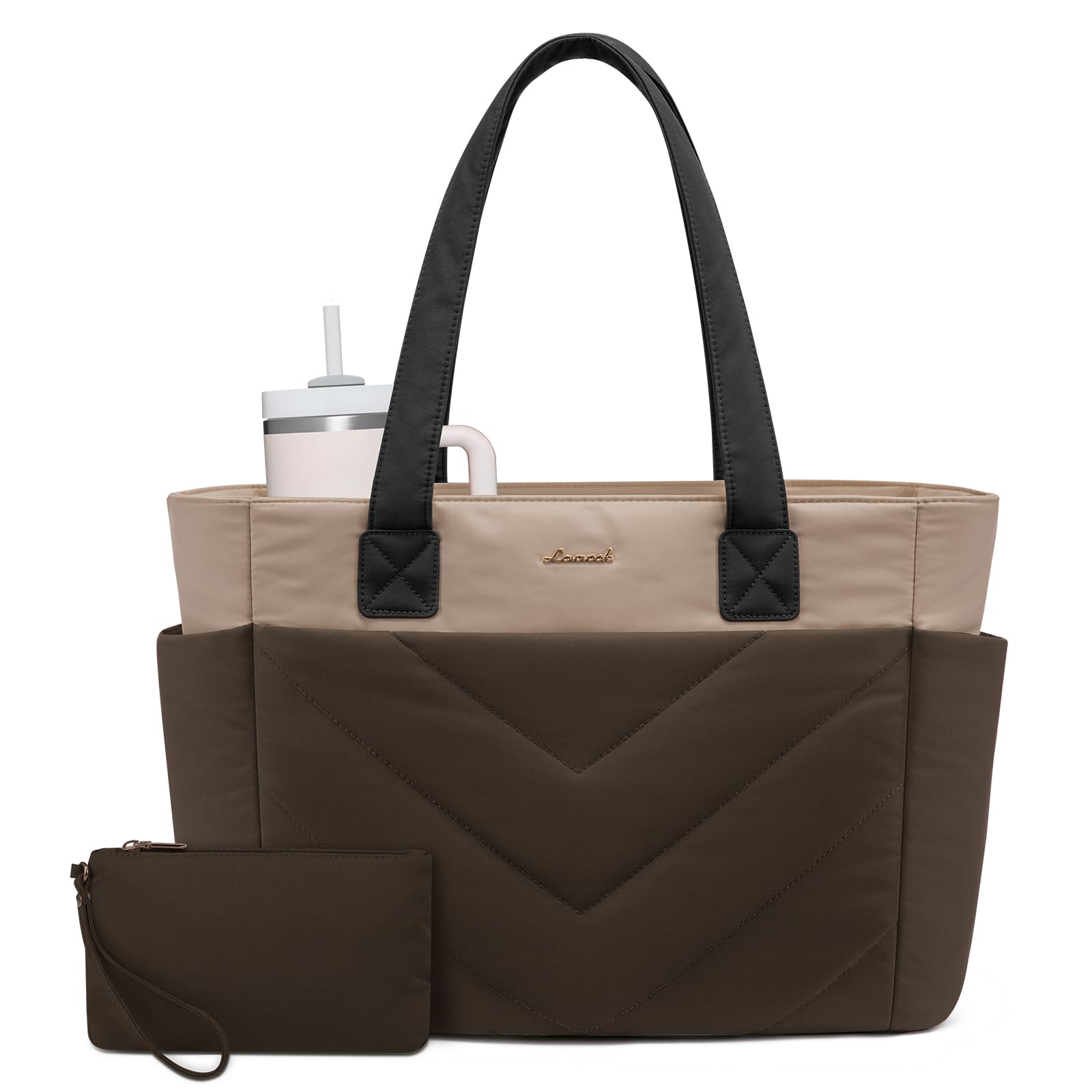 LOVEVOOK Tote Bag for Women, Puffer Work Travel Handbag with Zipper for Teacher Nurse, Quilted Cute Laptop Shoulder Gym Bag Medium Beige-brown